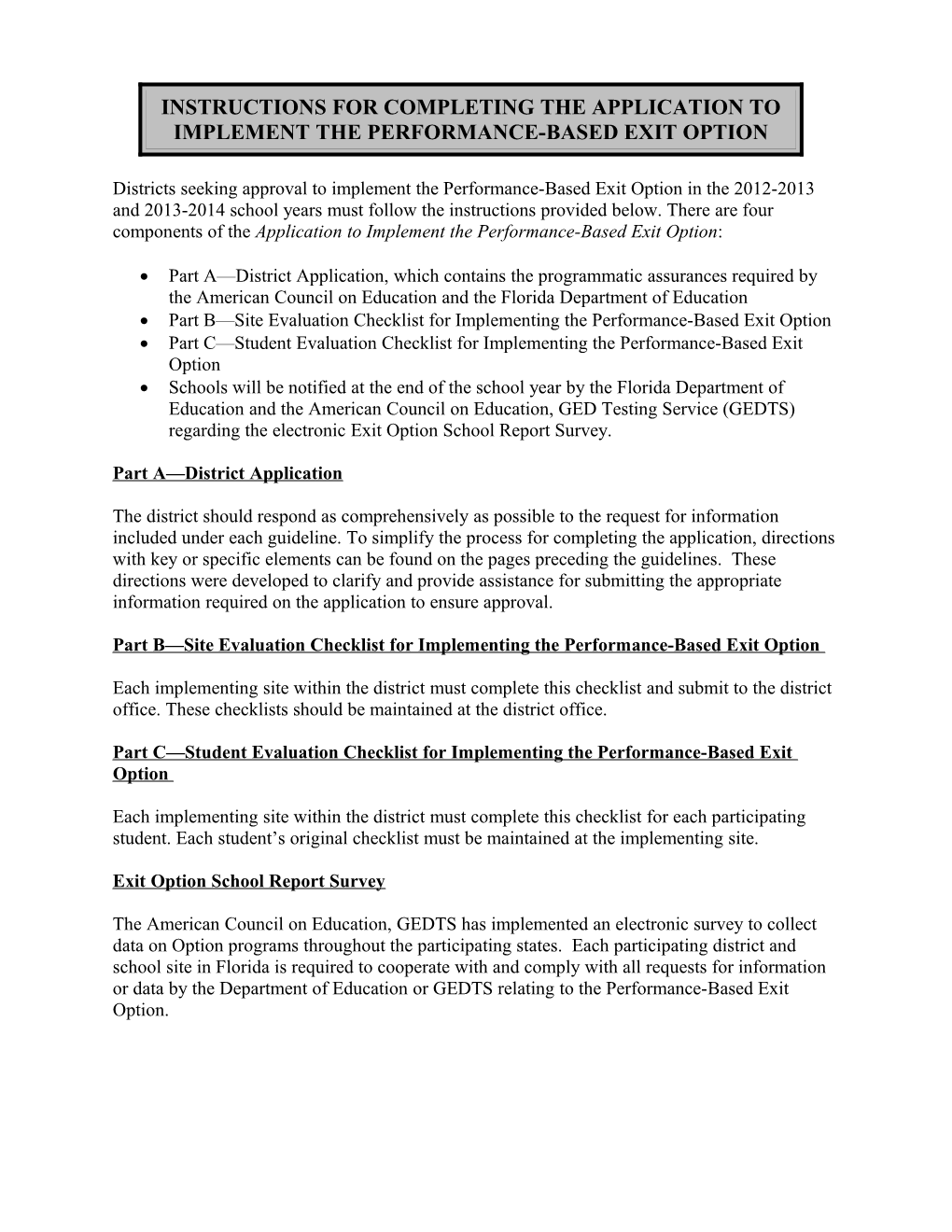 Part B Site Evaluation Checklist for Implementing the Performance-Based Exit Option