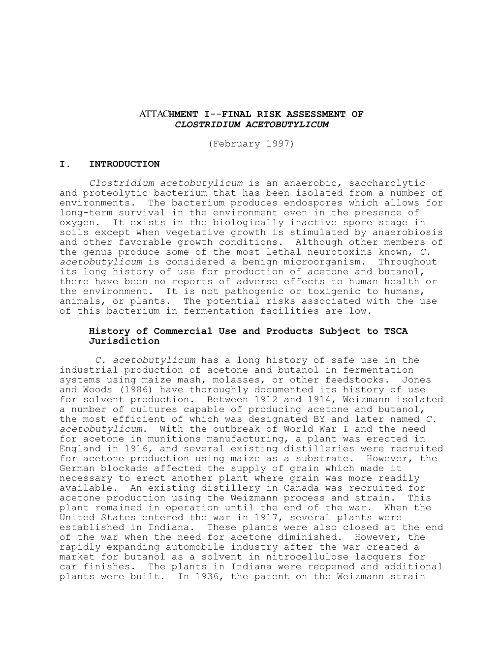 FINAL RISK ASSESSMENT of CLOSTRIDIUM ACETOBUTYLICUM (February 1997)