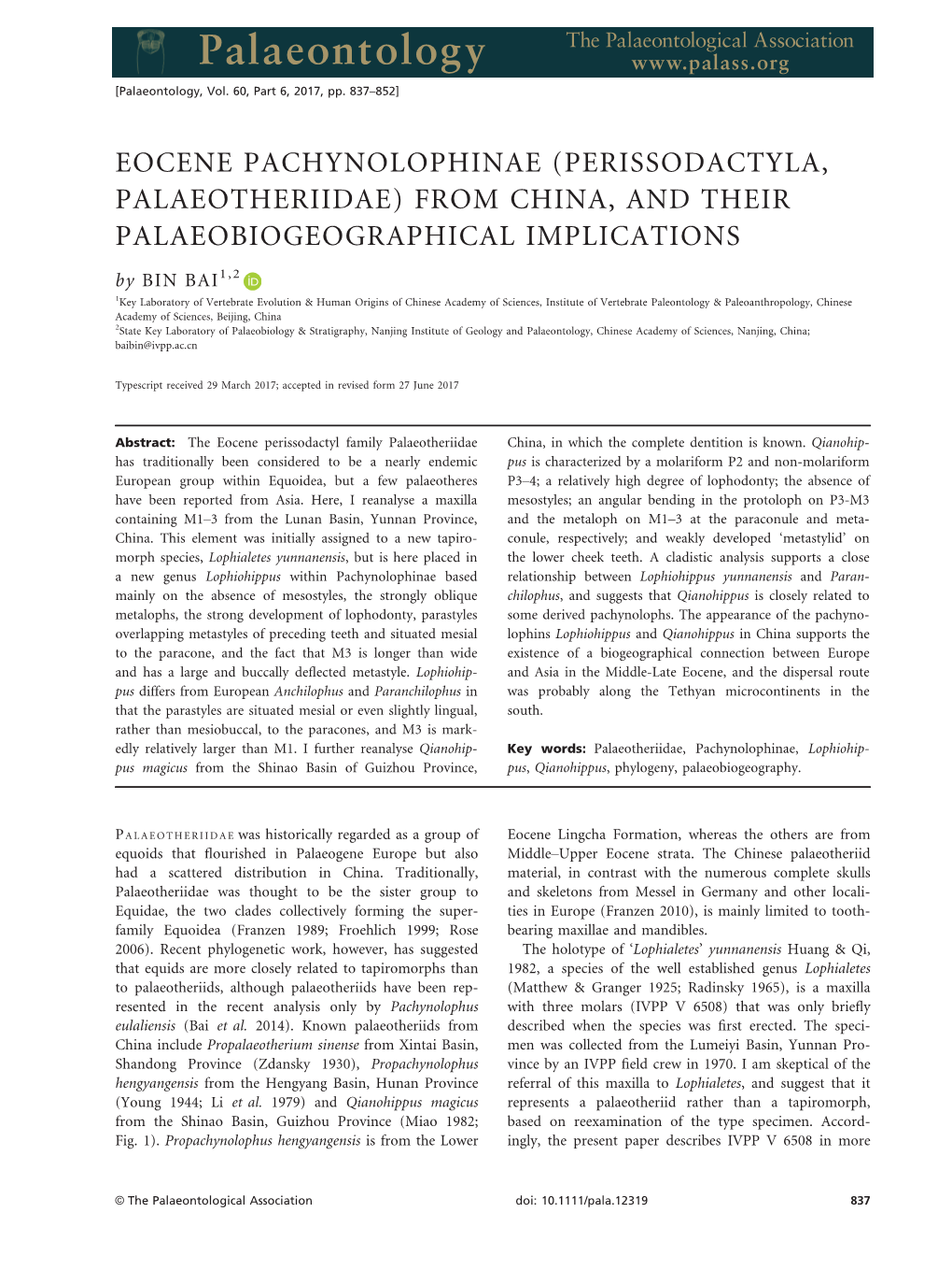 Eocene Pachynolophinae (Perissodactyla, Palaeotheriidae) from China, and Their Palaeobiogeographical Implications