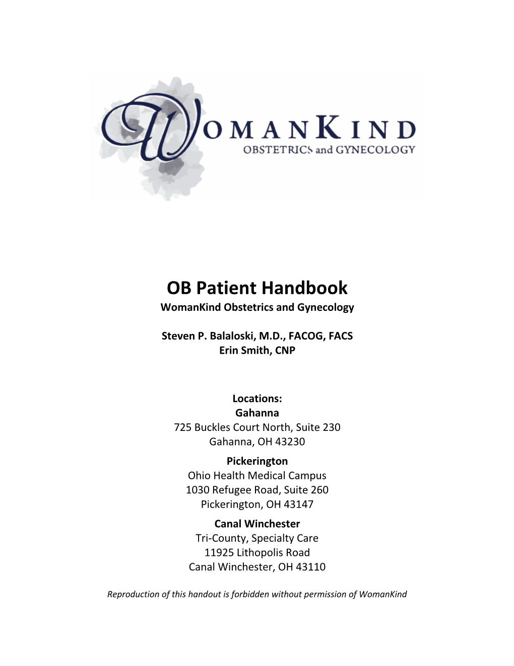 OB Patient Handbook Womankind Obstetrics and Gynecology