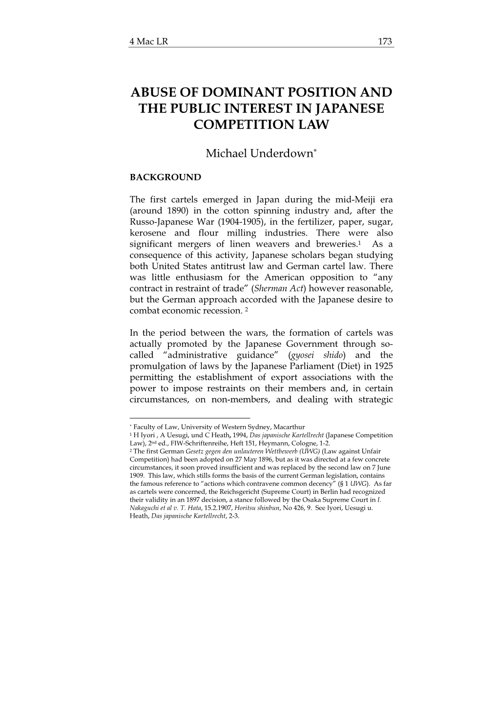 Abuse of Dominant Position and the Public Interest in Japanese Competition Law