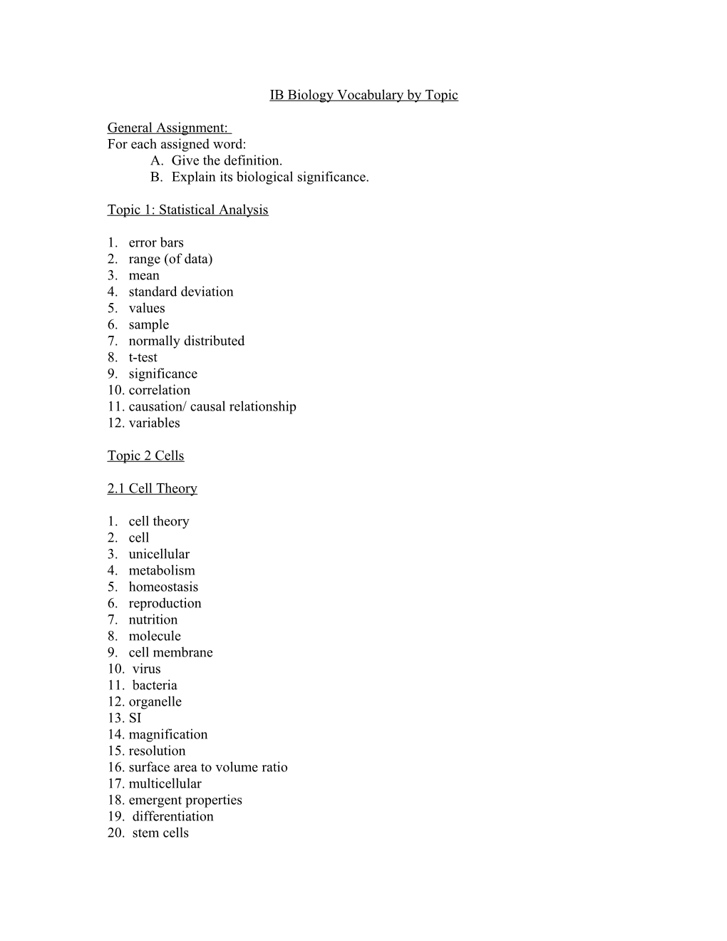 IB Biology Vocabulary by Topic