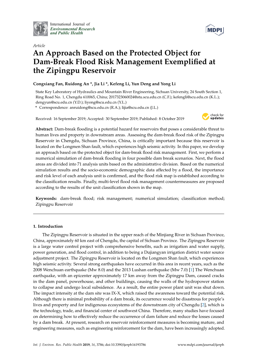 An Approach Based on the Protected Object for Dam-Break Flood Risk Management Exempliﬁed at the Zipingpu Reservoir