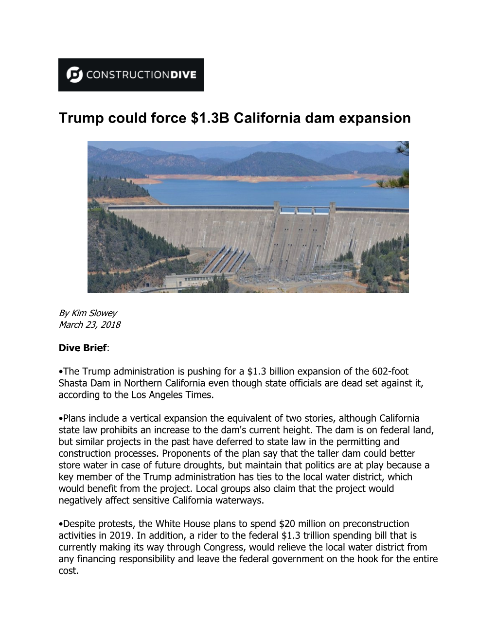 Trump Could Force 1.4 Billion Dollar Shasta Dam Raise