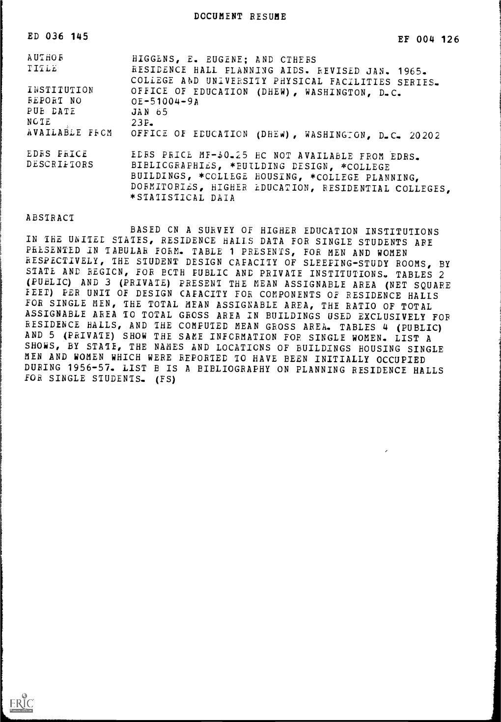 Ed 036 145 Document Resume Ef 004 126 Higgens, E. Eugene