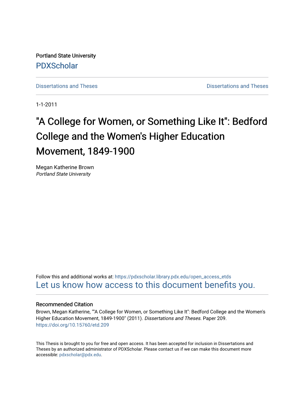 Bedford College and the Women's Higher Education Movement, 1849-1900