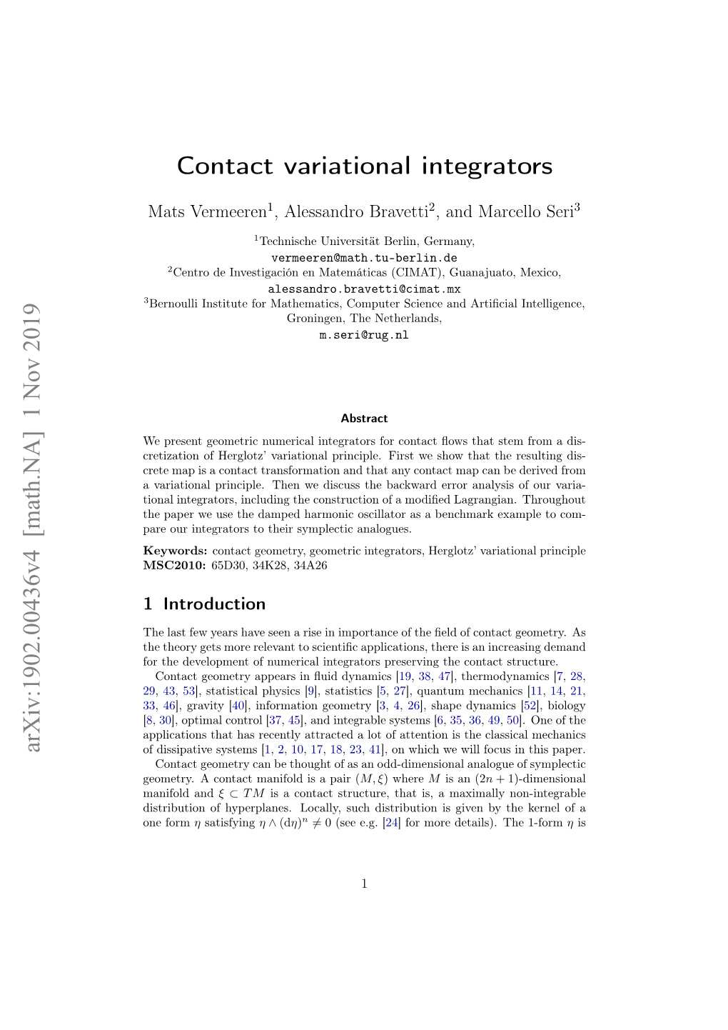Contact Variational Integrators Arxiv:1902.00436V4 [Math.NA]