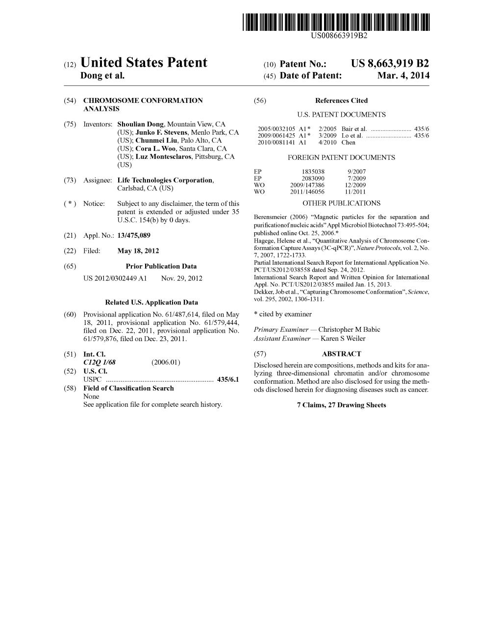 (12) United States Patent (10) Patent No.: US 8,663,919 B2 Dong Et Al