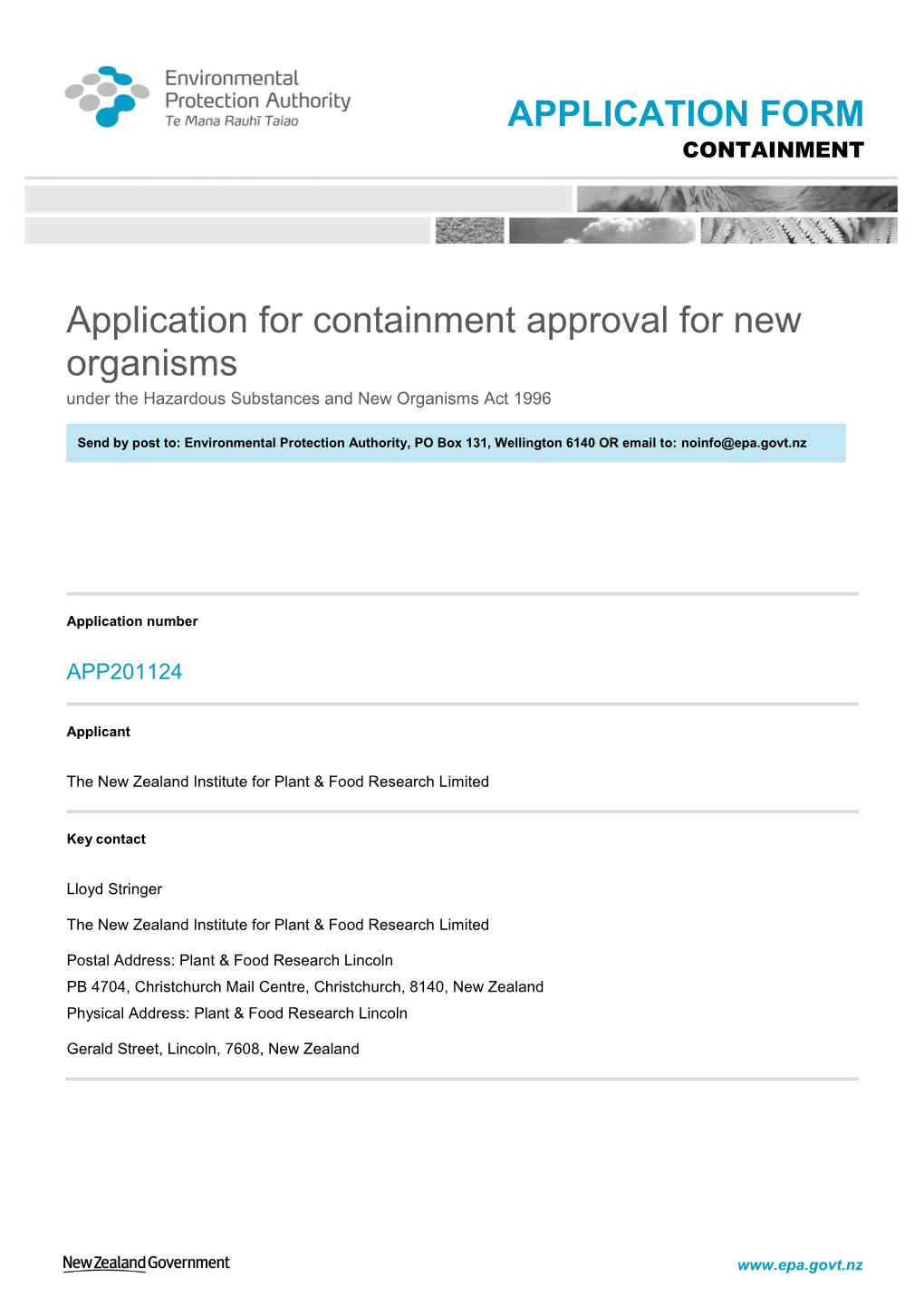 Application Form for the Containment of New Organisms