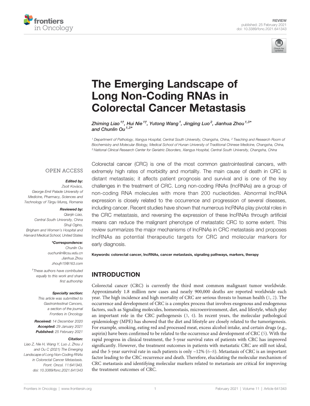 The Emerging Landscape of Long Non-Coding Rnas in Colorectal Cancer Metastasis
