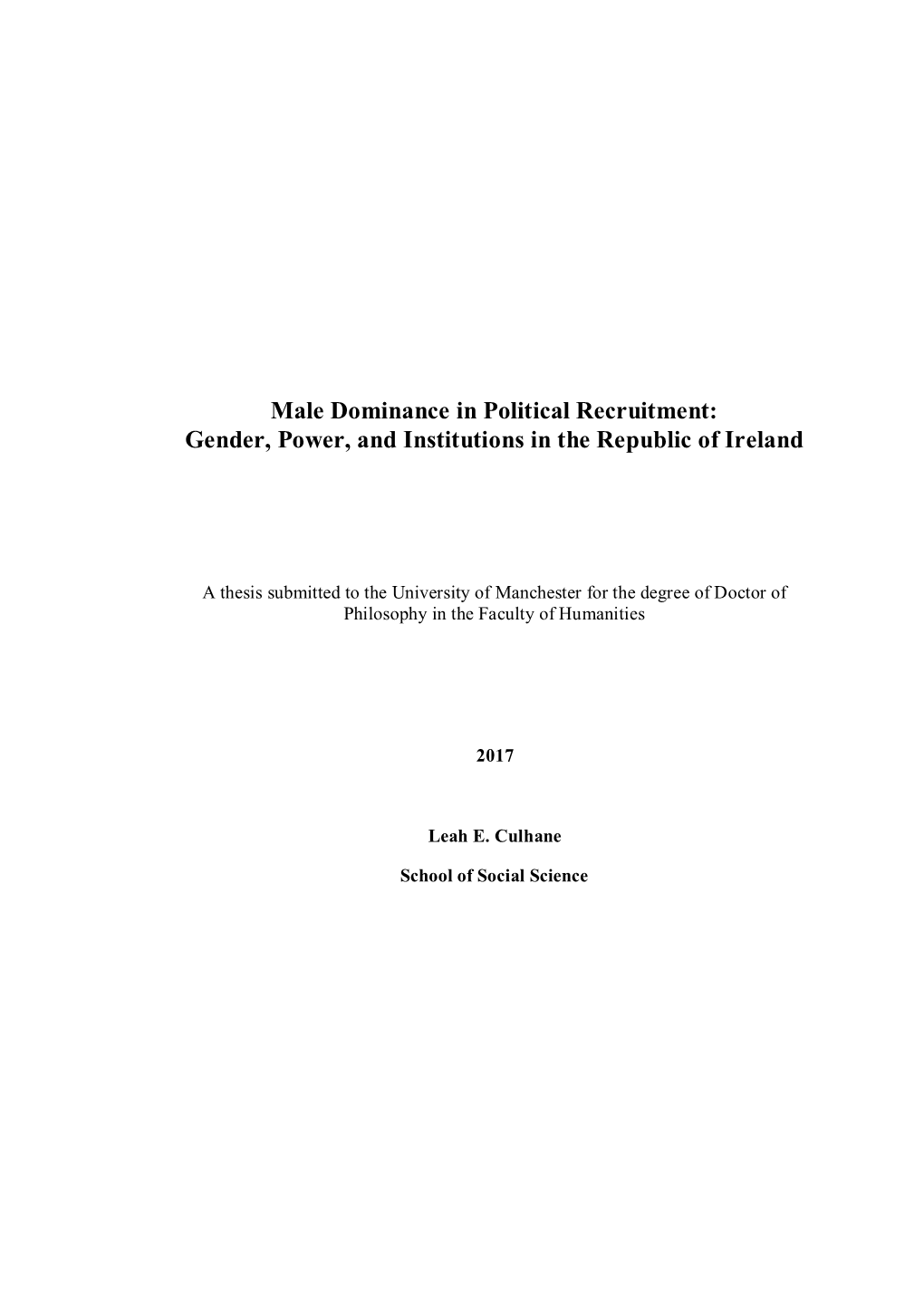 Male Dominance in Political Recruitment: Gender, Power, and Institutions in the Republic of Ireland
