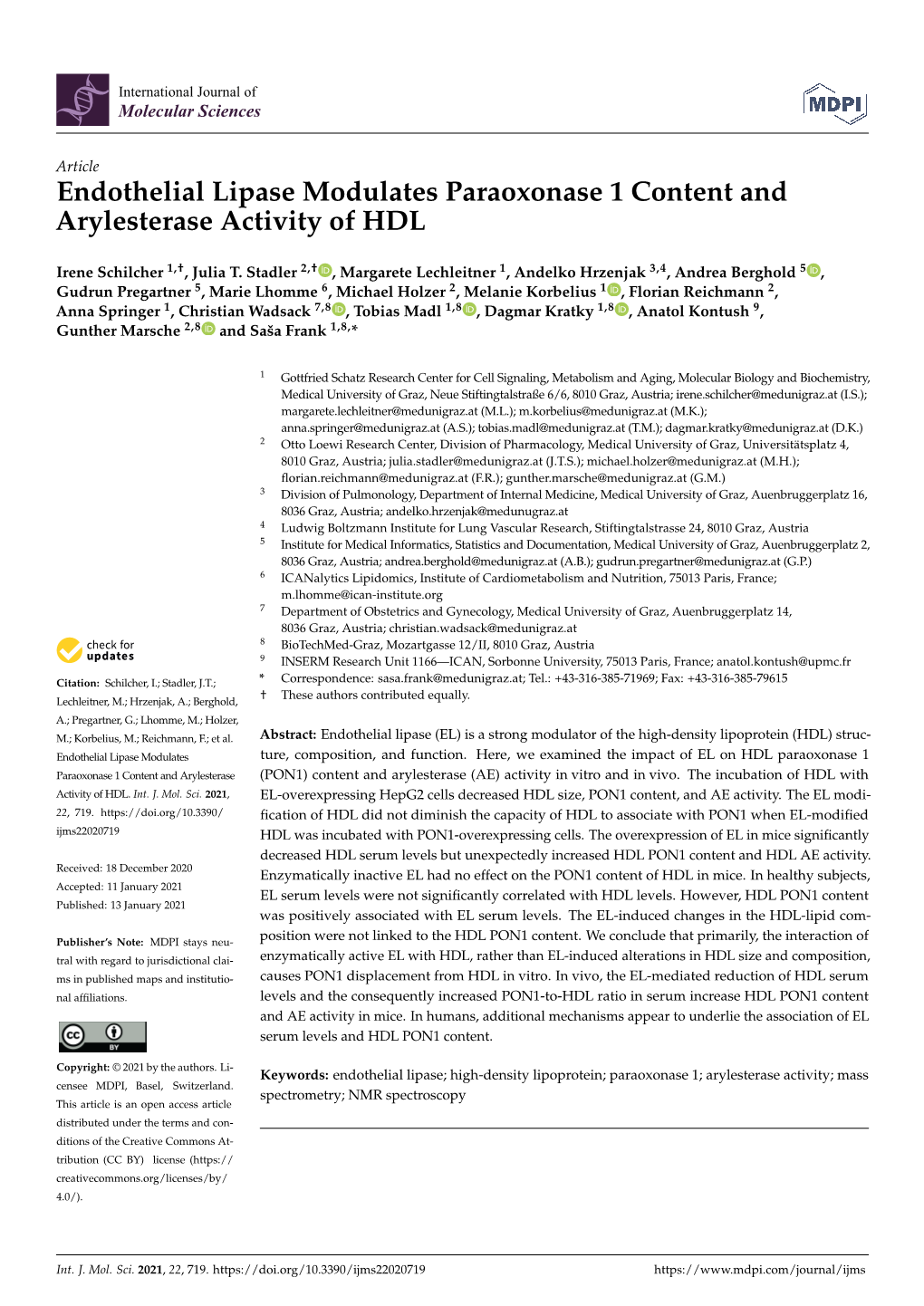 Endothelial Lipase Modulates Paraoxonase 1 Content and Arylesterase Activity of HDL