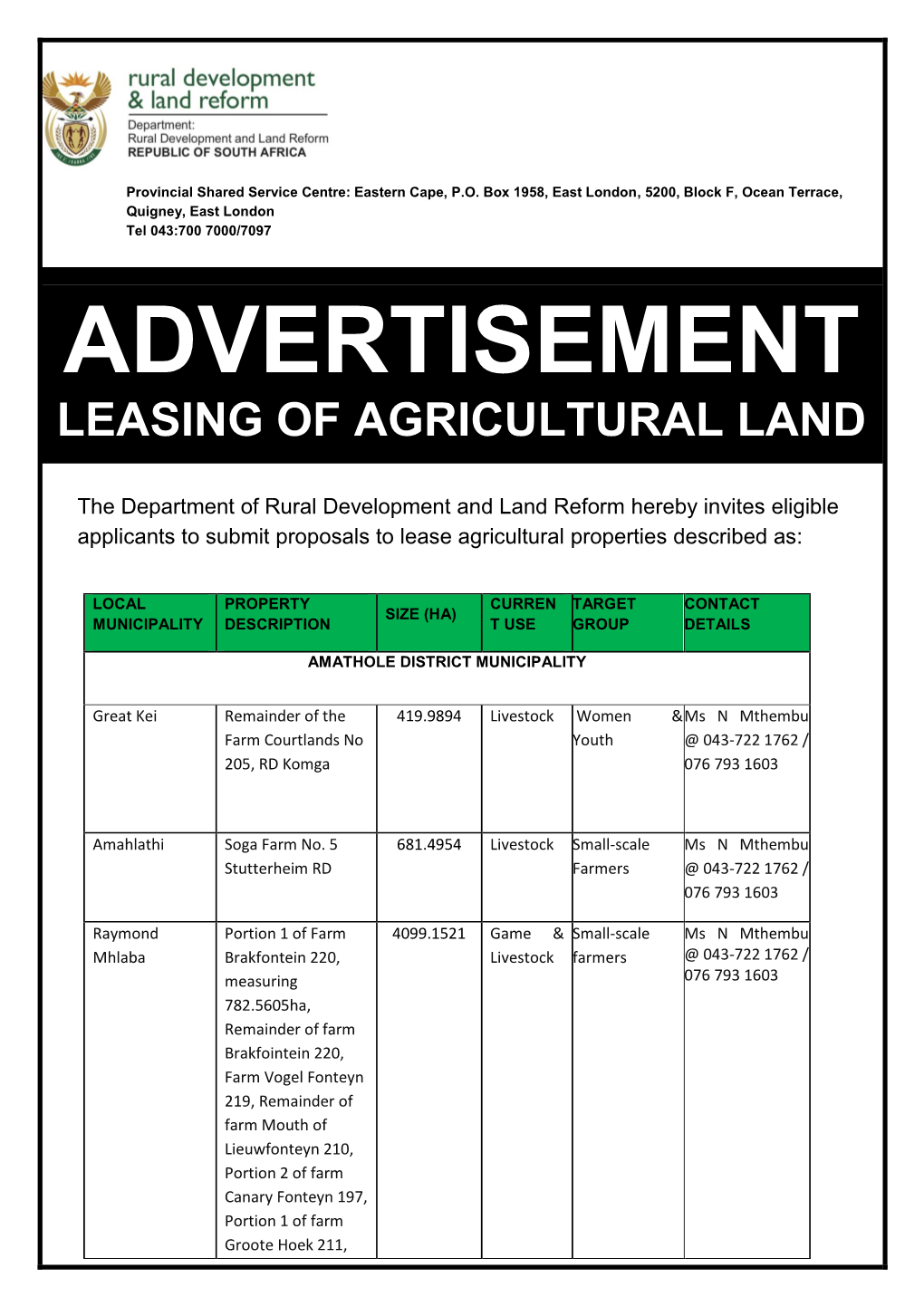 Advertisement Leasing of Agricultural Land