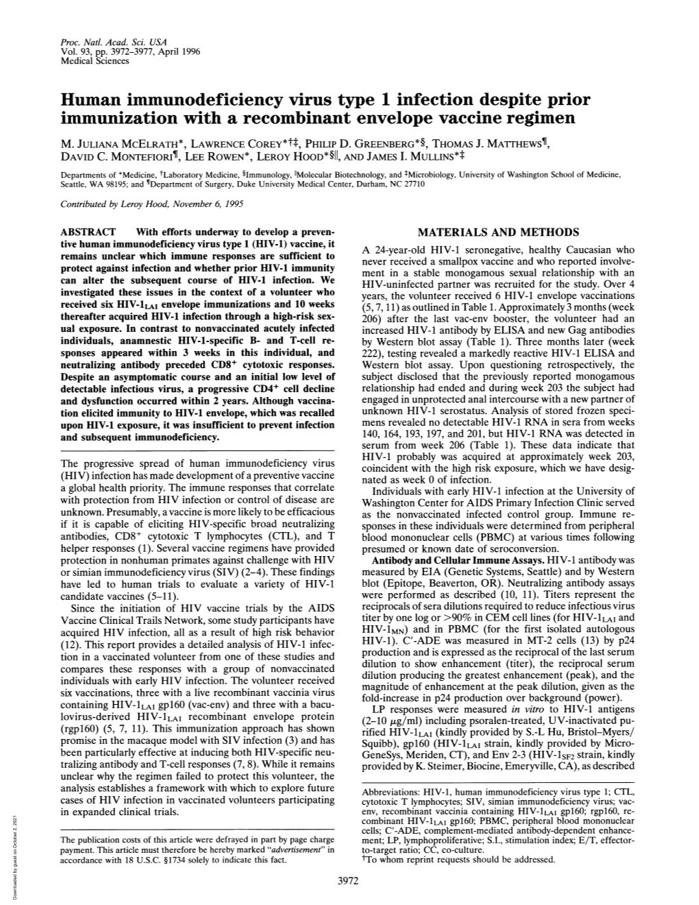 Human Immunodeficiency Virus Type 1 Infection Despite Prior Immunization with a Recombinant Envelope Vaccine Regimen M