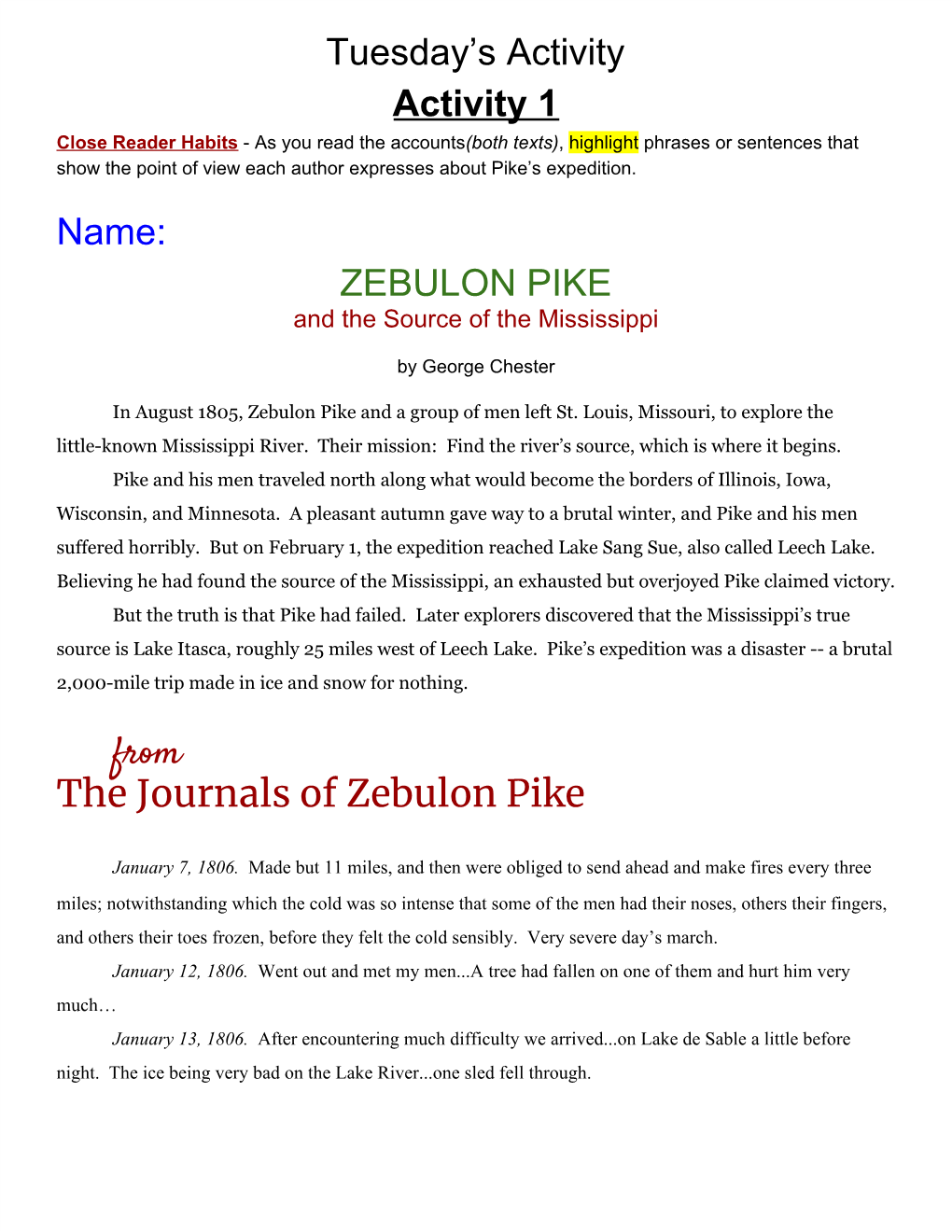 ZEBULON PIKE from the Journals of Zebulon Pike