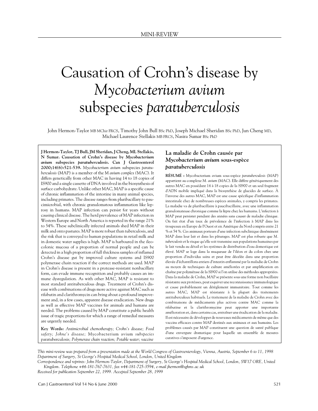 Causation of Crohn's Disease by Mycobacterium Avium Subspecies