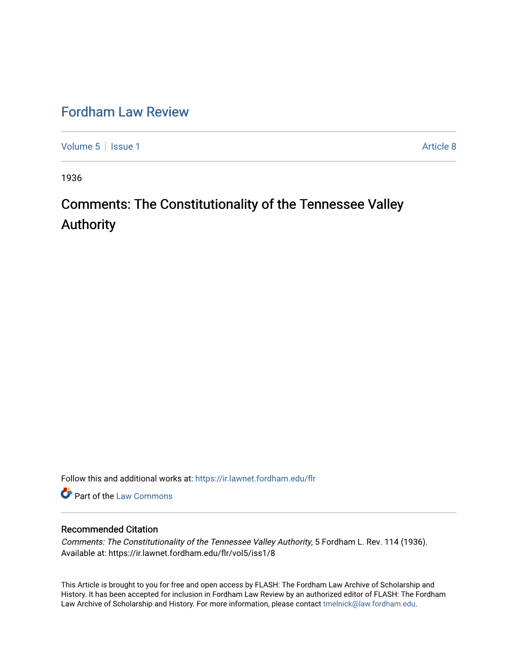 The Constitutionality of the Tennessee Valley Authority