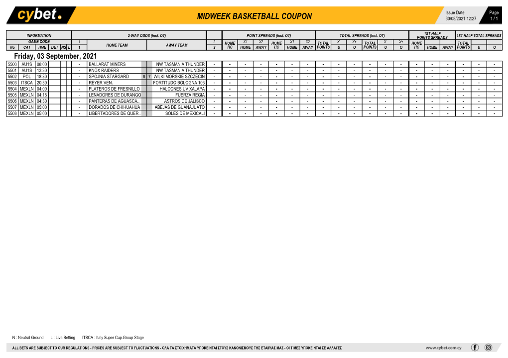 Midweek Basketball Coupon 30/08/2021 12:27 1 / 1