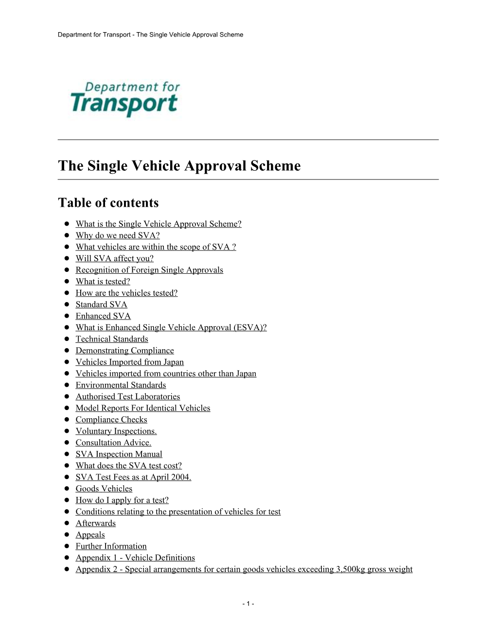 Department for Transport - the Single Vehicle Approval Scheme