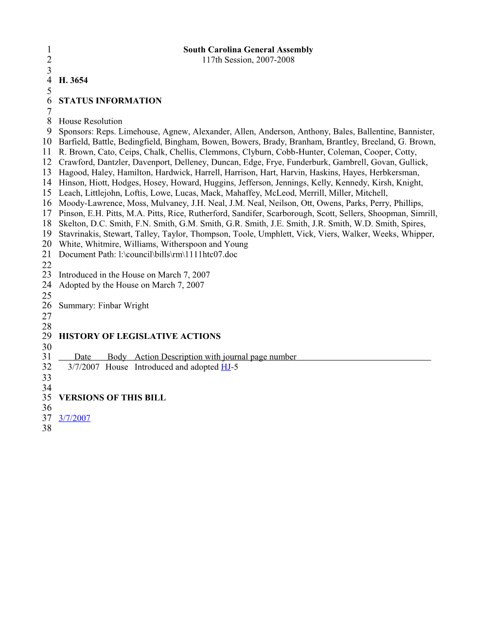 2007-2008 Bill 3654: Finbar Wright - South Carolina Legislature Online