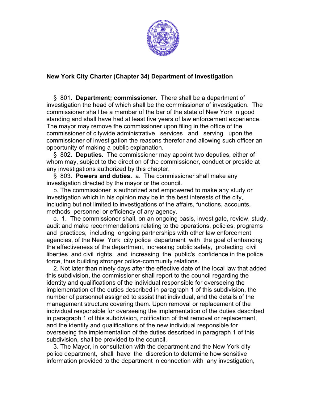 New York City Charter.DOI