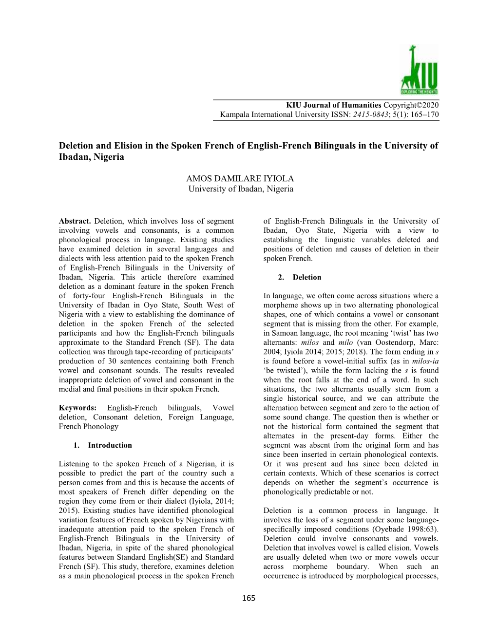 Deletion and Elision in the Spoken French of English-French Bilinguals in the University of Ibadan, Nigeria