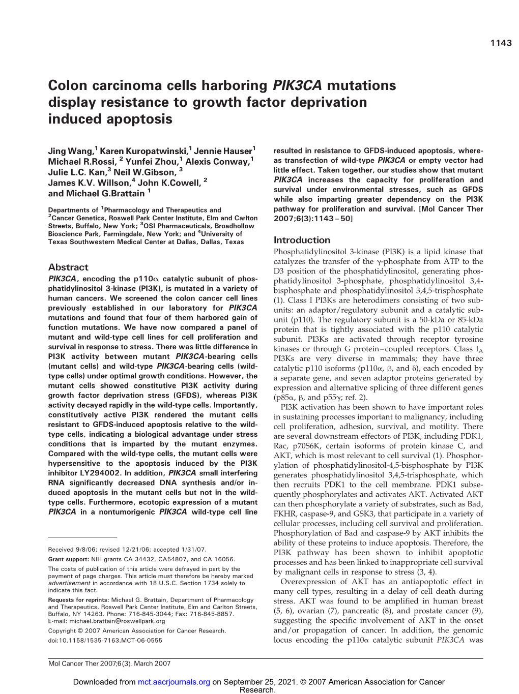 Colon Carcinoma Cells Harboring PIK3CA Mutations Display Resistance to Growth Factor Deprivation Induced Apoptosis