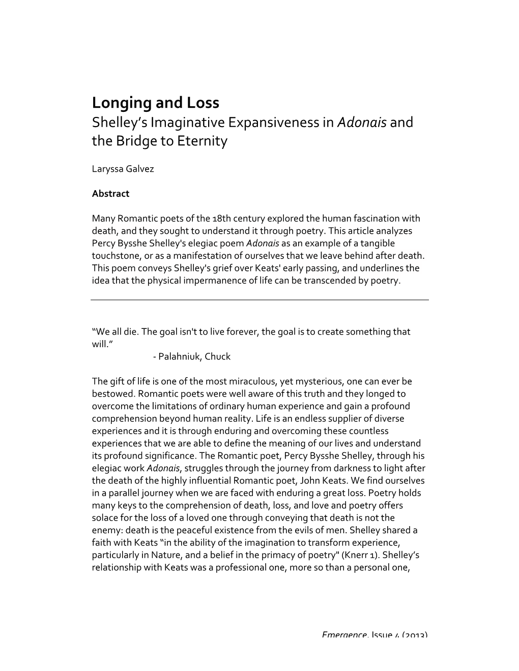 Longing and Loss: Shelleys Imaginative Expansiveness in Adonais and the Bridge to Eternity by Laryssa Galvez