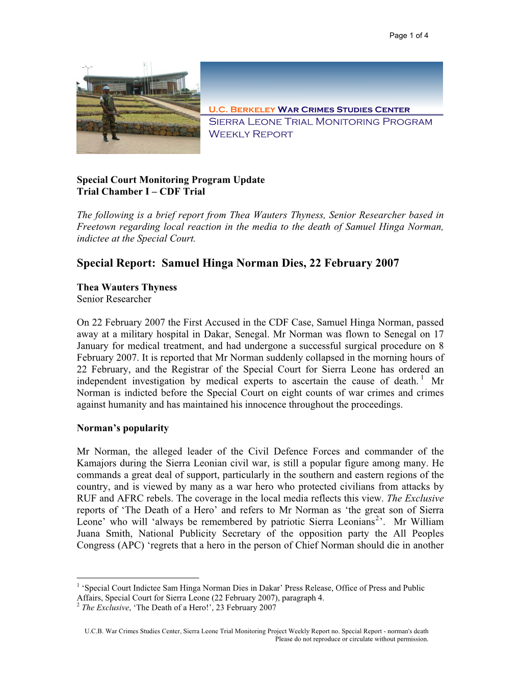 Special Report: Samuel Hinga Norman Dies, 22 February 2007