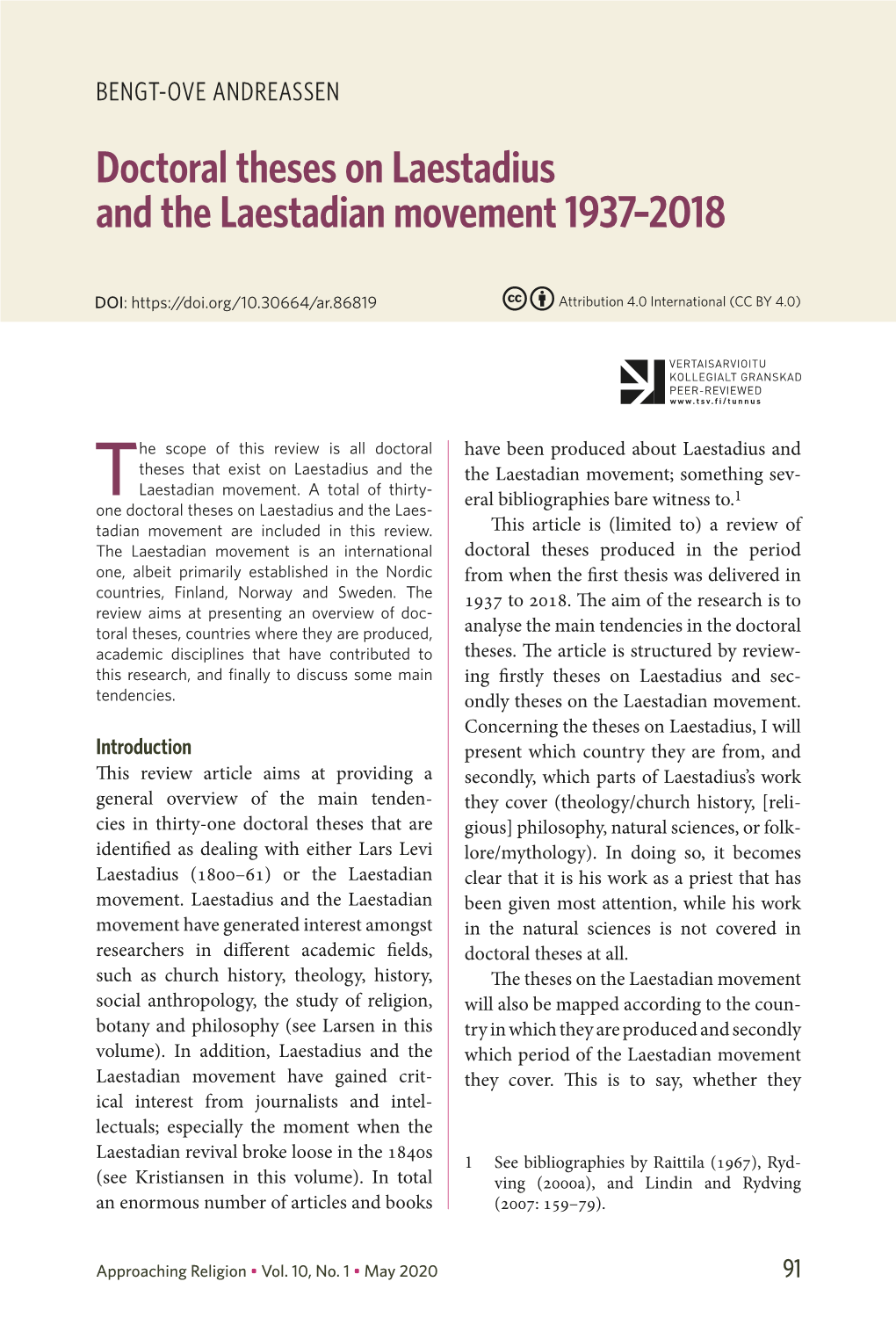 Doctoral Theses on Laestadius and the Laestadian Movement 1937–2018