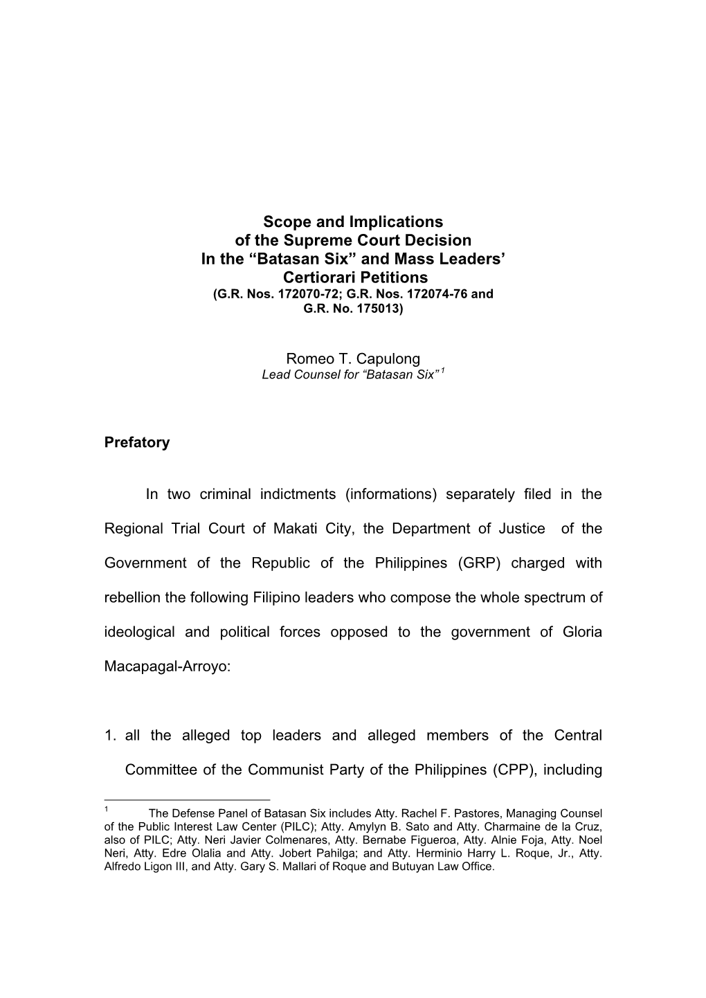 Scope and Implications of the Supreme Court Decision in the “Batasan Six” and Mass Leaders’ Certiorari Petitions (G.R