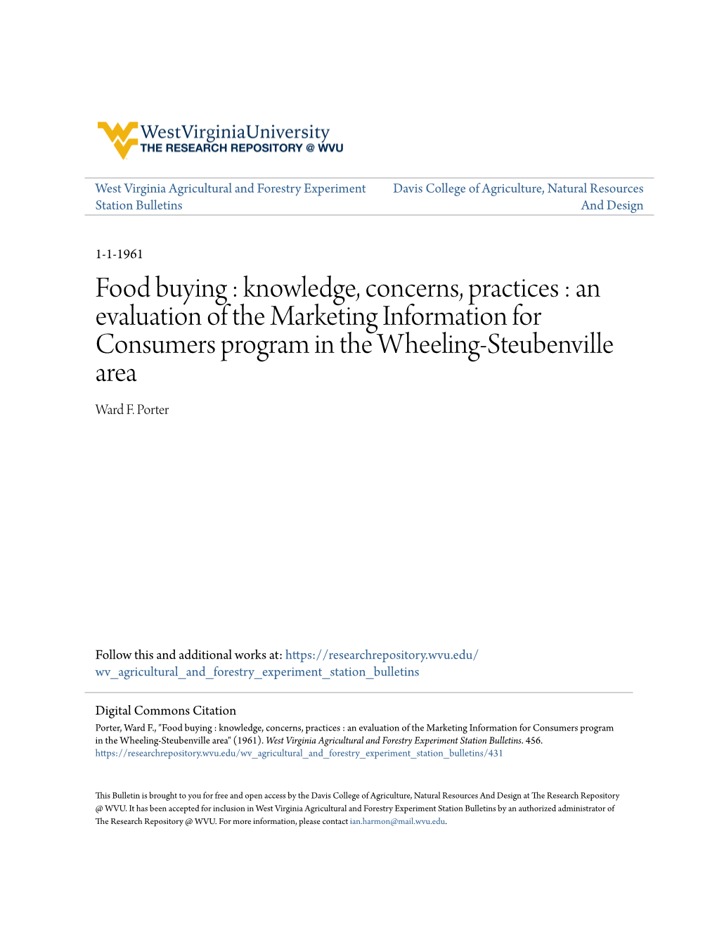 Food Buying : Knowledge, Concerns, Practices : an Evaluation of the Marketing Information for Consumers Program in the Wheeling-Steubenville Area Ward F