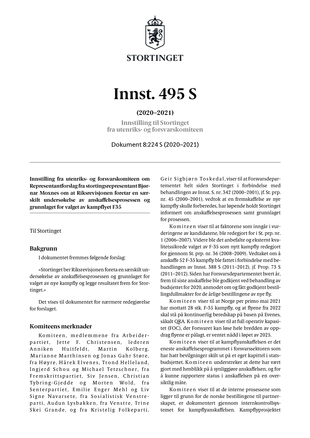 Innst. 495 S (2020–2021) Innstilling Til Stortinget Fra Utenriks- Og Forsvarskomiteen