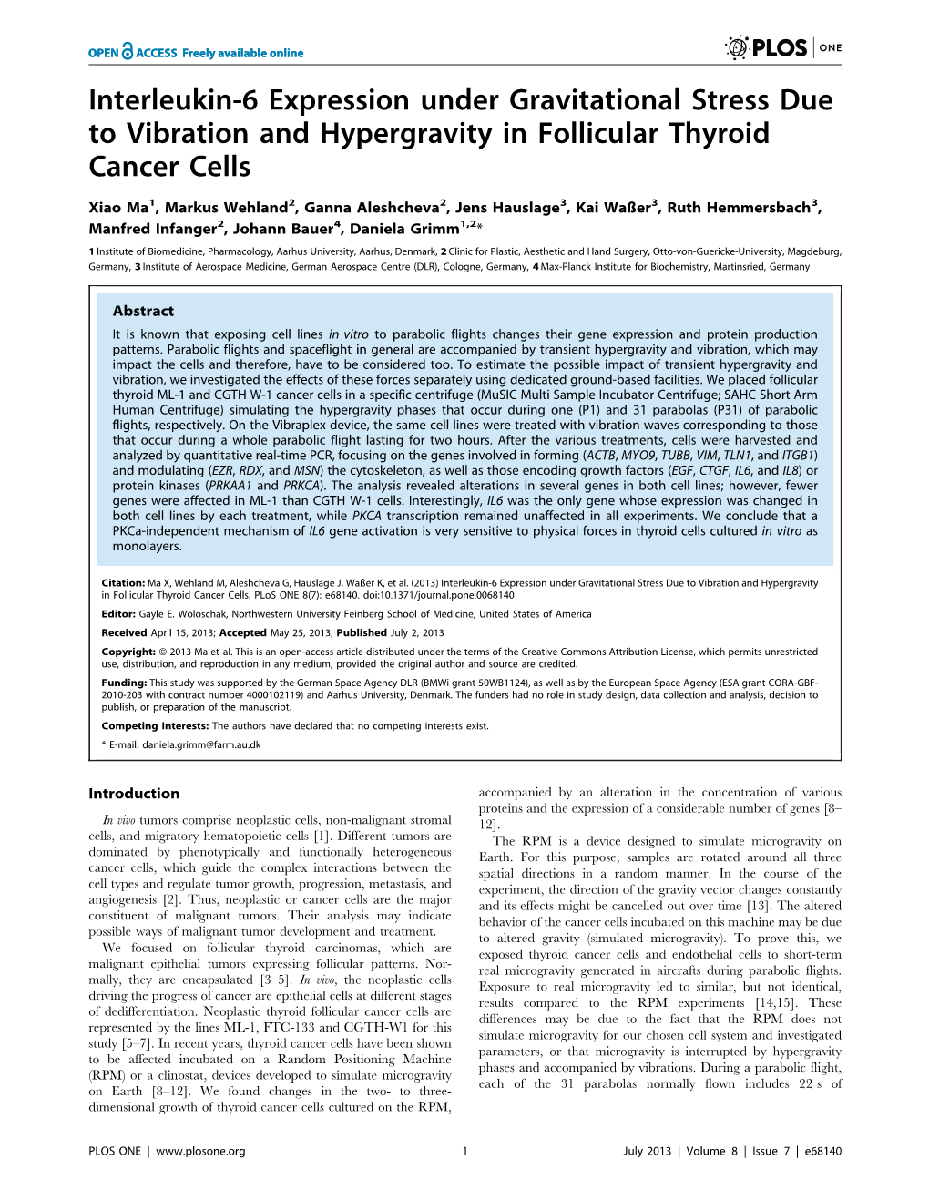 Interleukin-6 Expression Under Gravitational Stress Due to Vibration and Hypergravity in Follicular Thyroid Cancer Cells