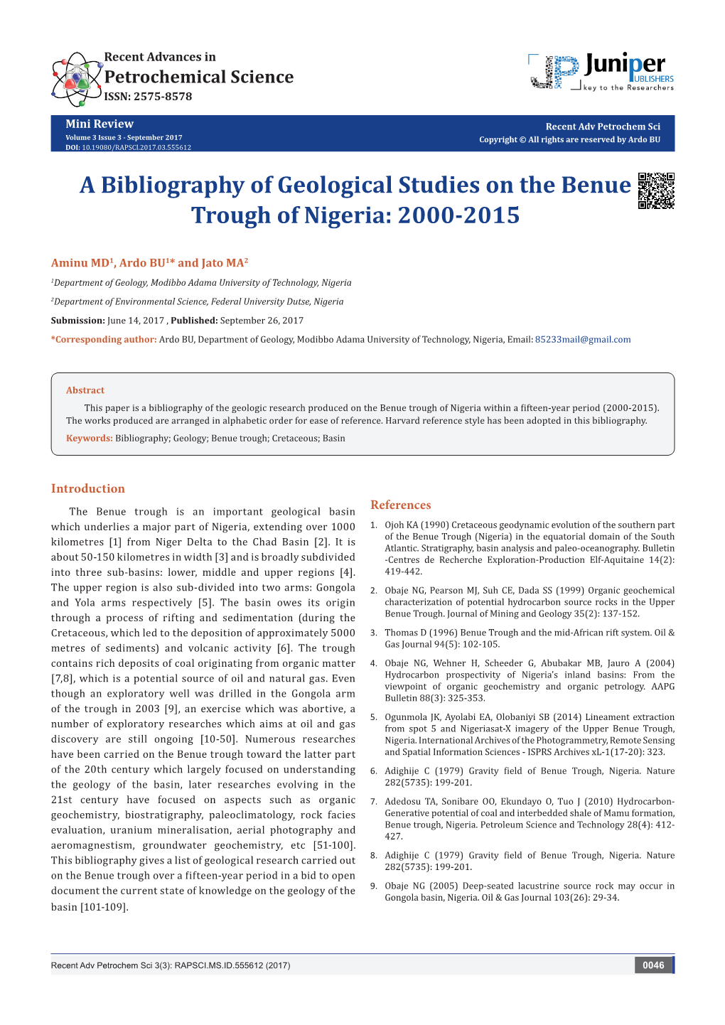 A Bibliography of Geological Studies on the Benue Trough of Nigeria: 2000-2015