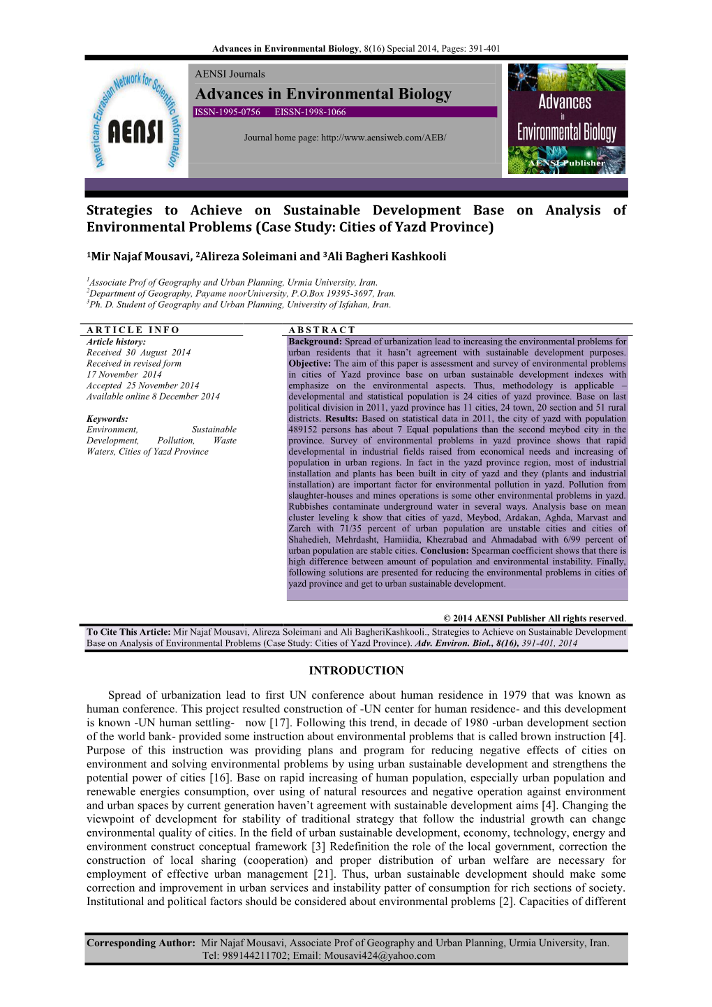 Advances in Environmental Biology, 8(16) Special 2014, Pages: 391-401