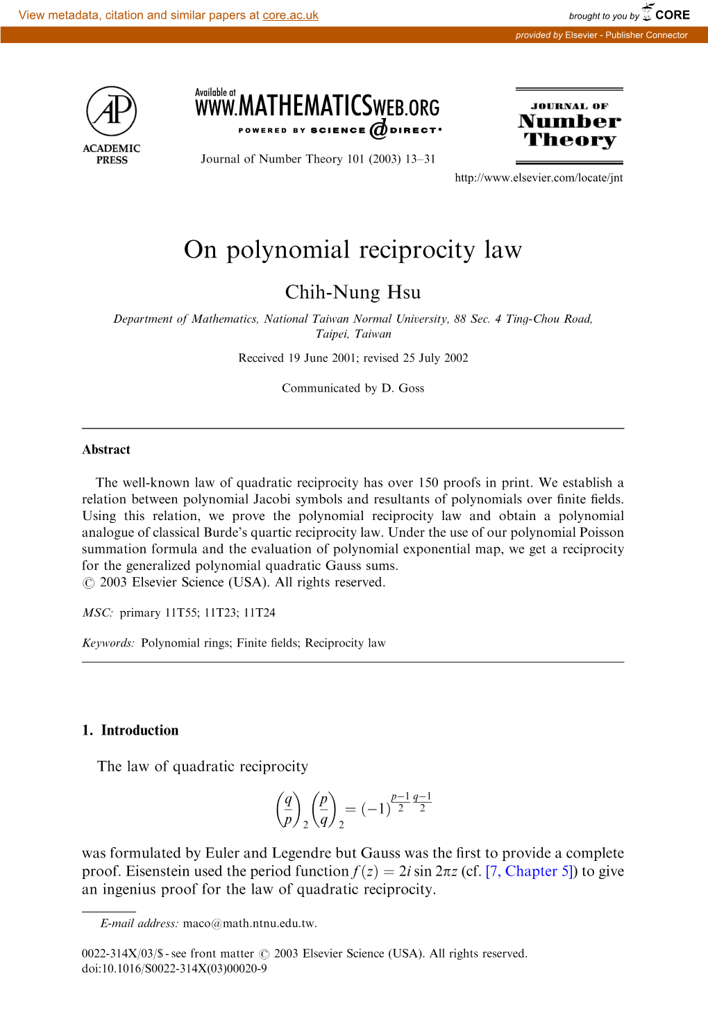 On Polynomial Reciprocity Law