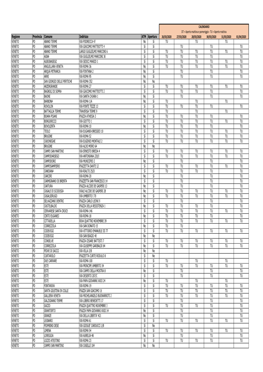 CALENDARIO DT = Aperto Mattina E Pomeriggio