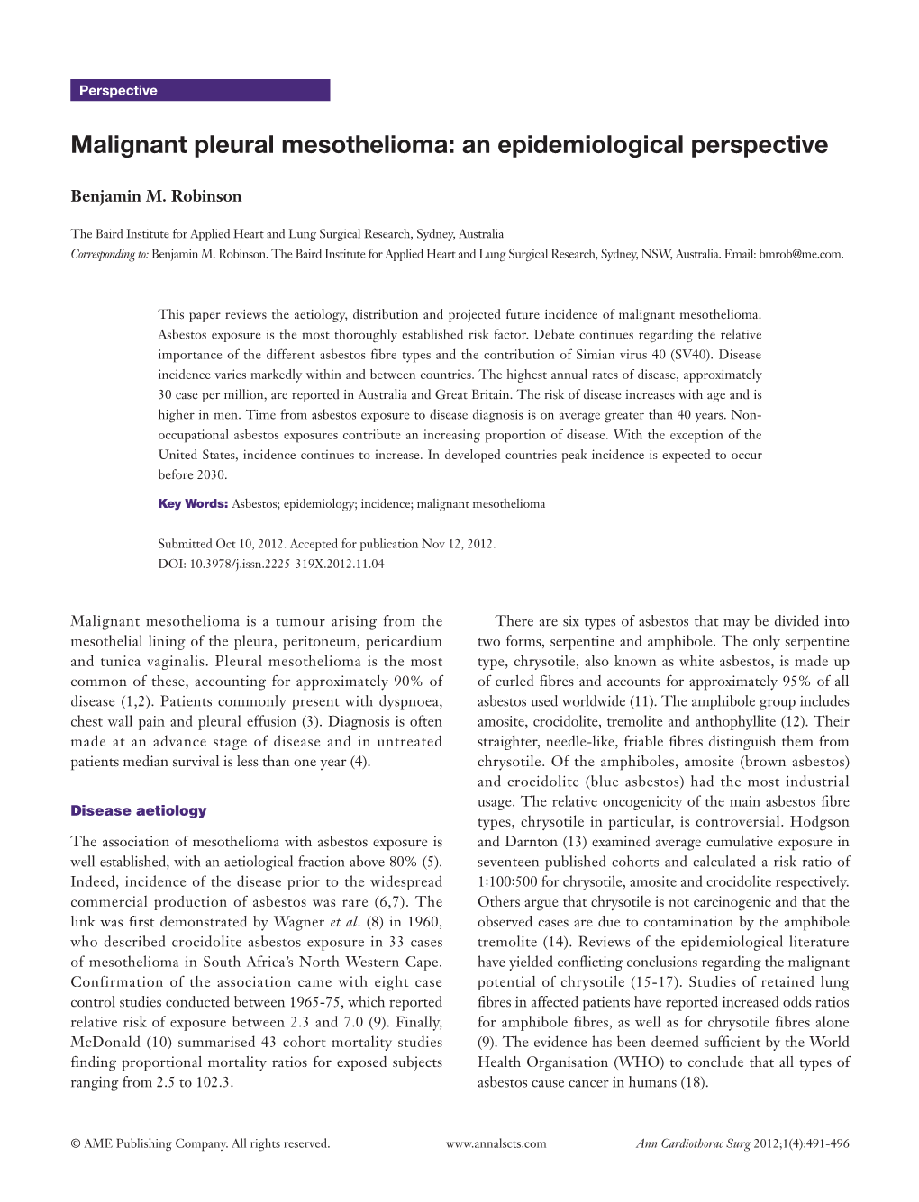 Malignant Pleural Mesothelioma: an Epidemiological Perspective