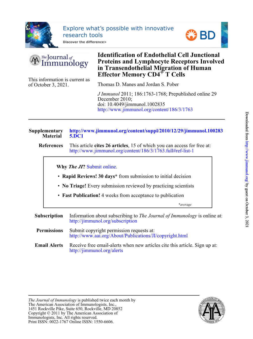 T Cells + Effector Memory CD4 in Transendothelial Migration of Human Involved Proteins and Lymphocyte Receptors Identification O