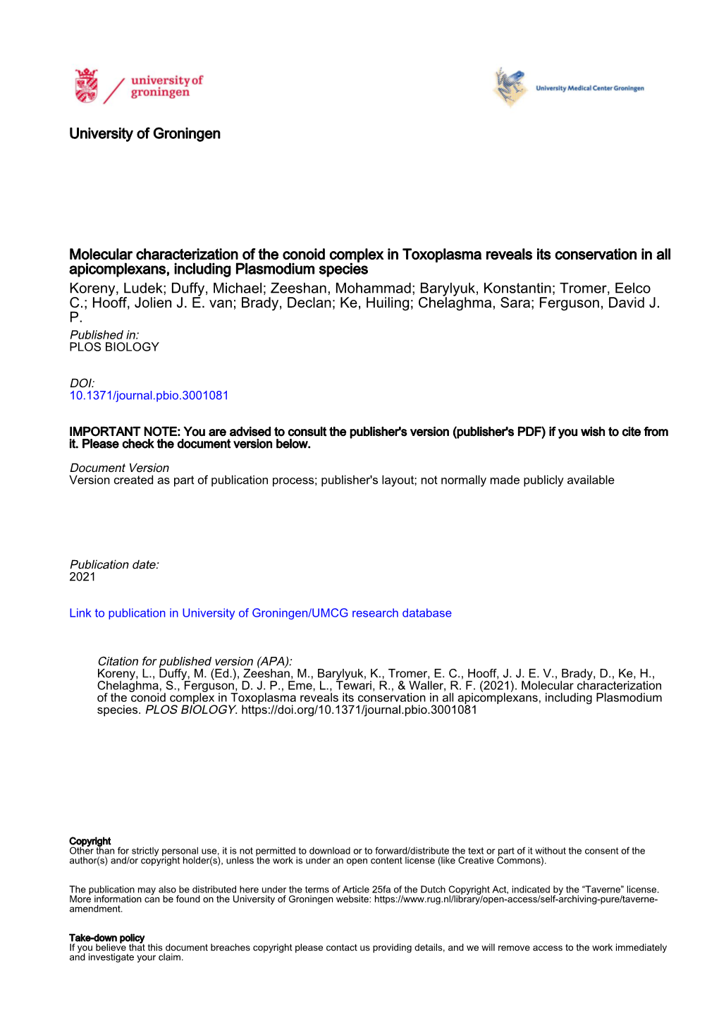 Molecular Characterization of the Conoid Complex in Toxoplasma