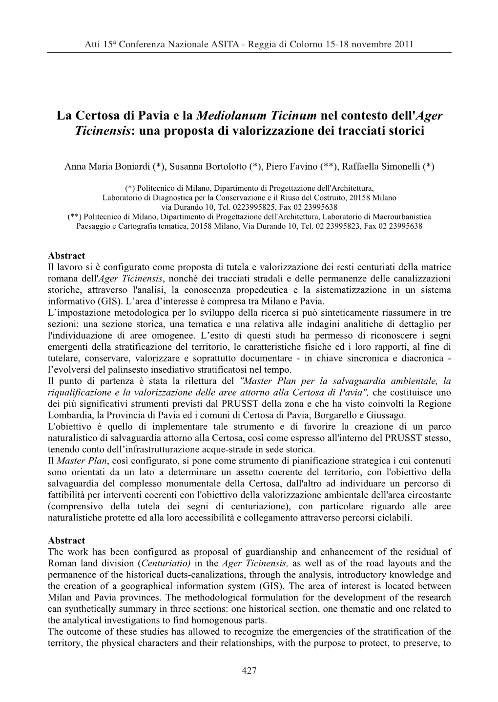 La Certosa Di Pavia E La Mediolanum Ticinum Nel Contesto Dell'ager Ticinensis: Una Proposta Di Valorizzazione Dei Tracciati Storici