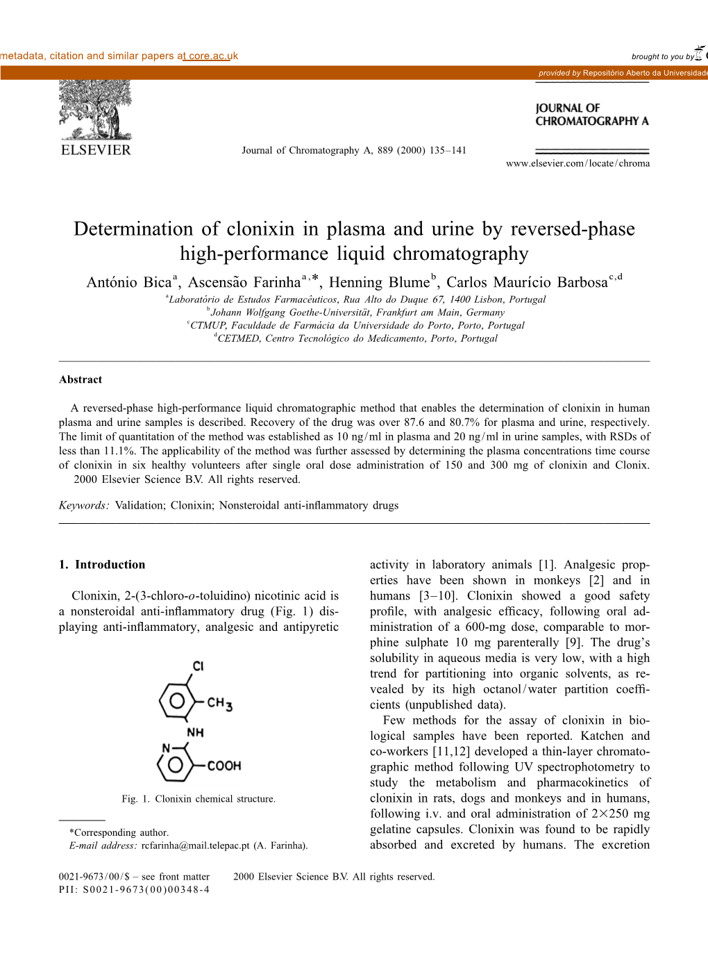 Determination of Clonixin in Plasma and Urine by Reversed-Phase High