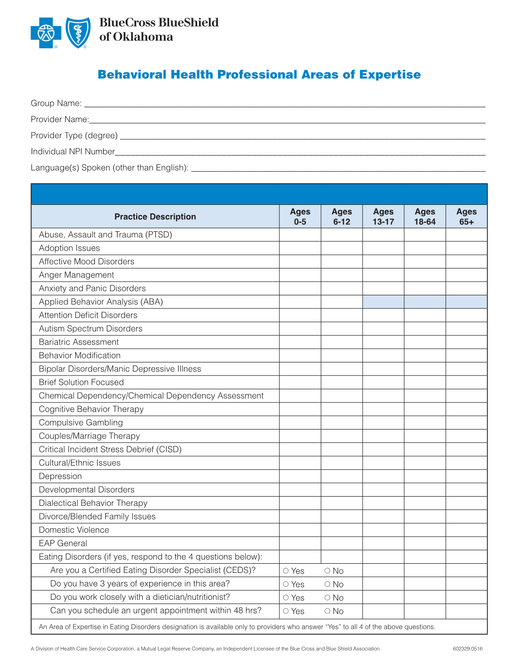 Behavioral Health Professional Areas of Expertise