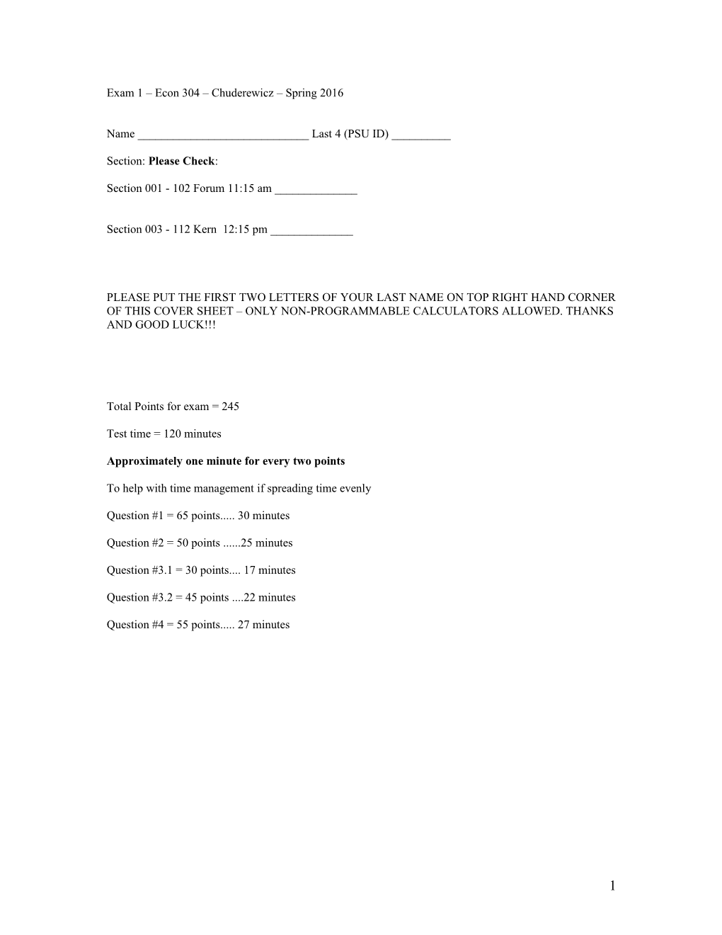 Exam 1 Econ 304 Chuderewicz Spring 2016