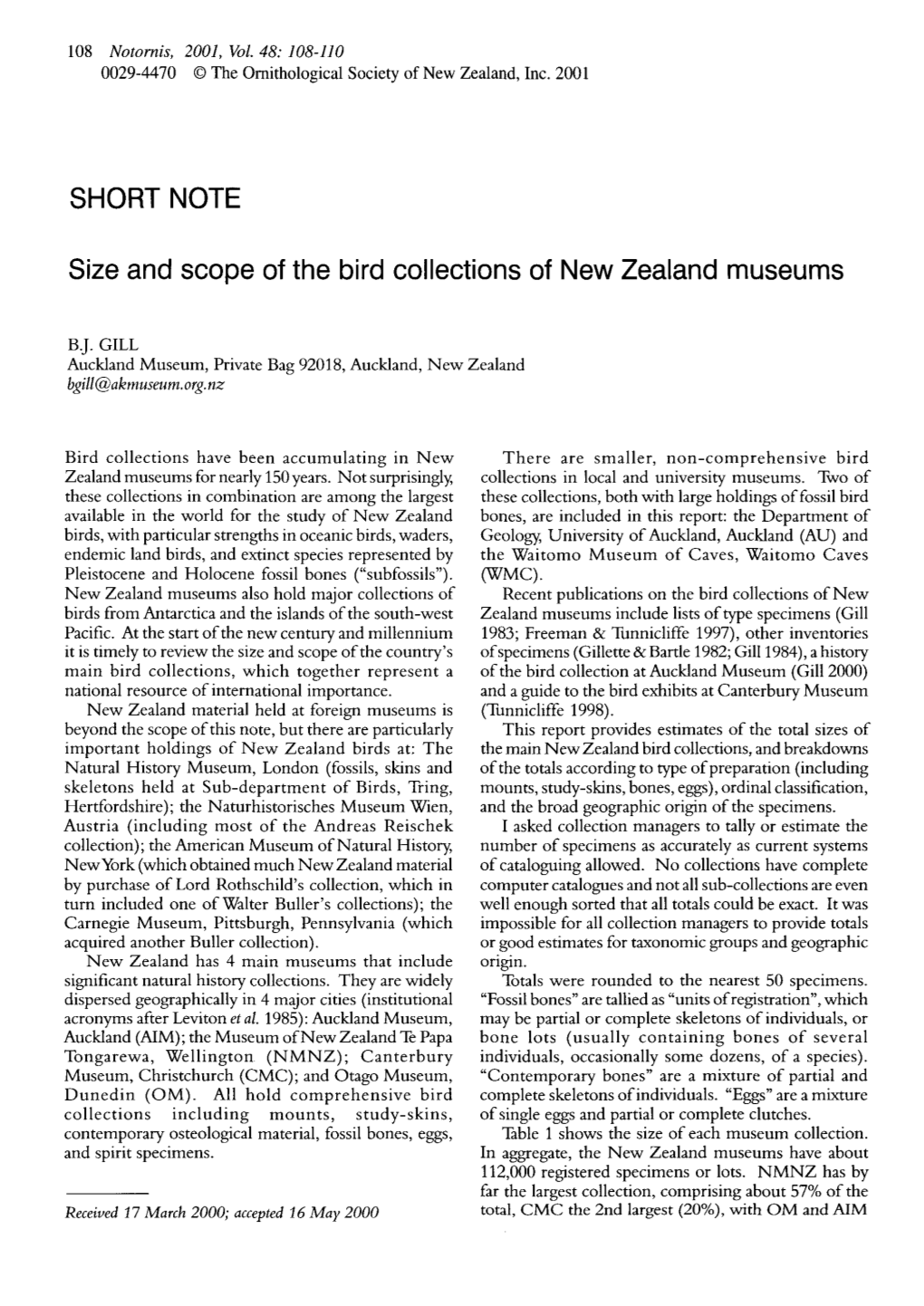 Size and Scope of the Bird Collections of New Zealand Museums