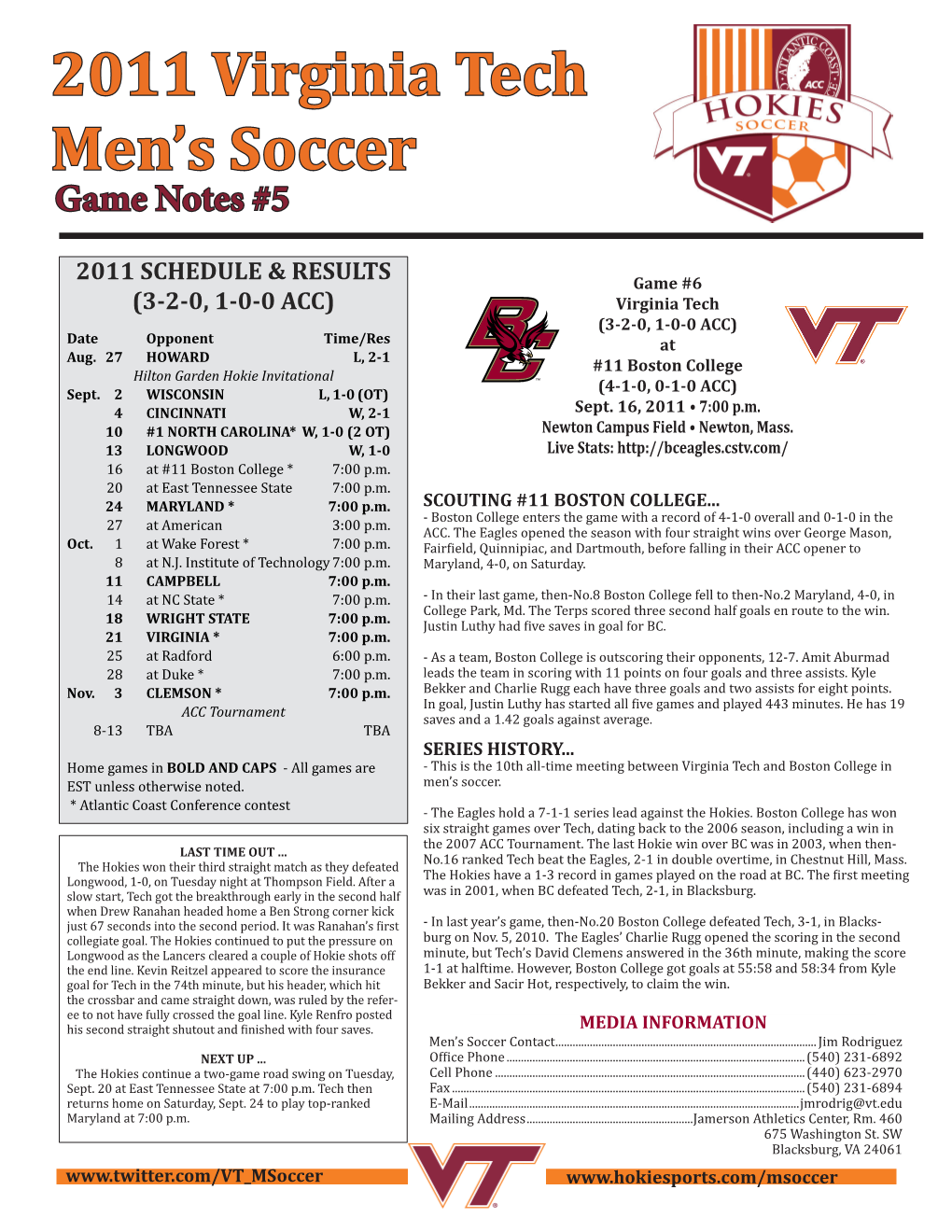 2011 Virginia Tech Men's Soccer Virginia Tech Combined Team Statistics (As of Sep 13, 2011) All Games