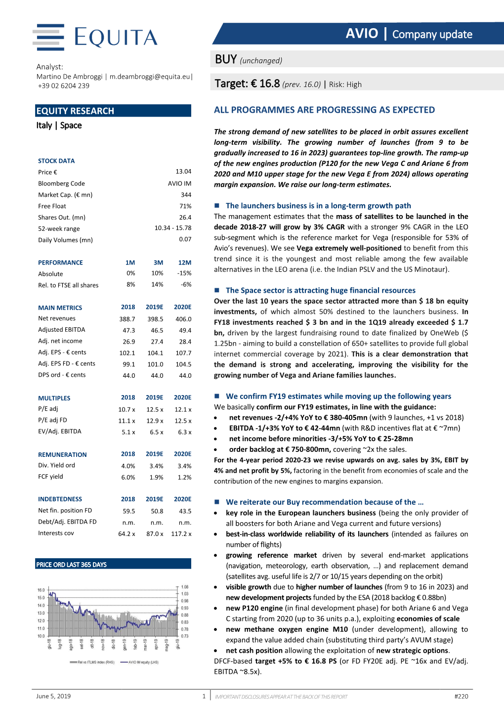 Target: € 16.8(Prev. 16.0) | Risk: High AVIO | Company Update