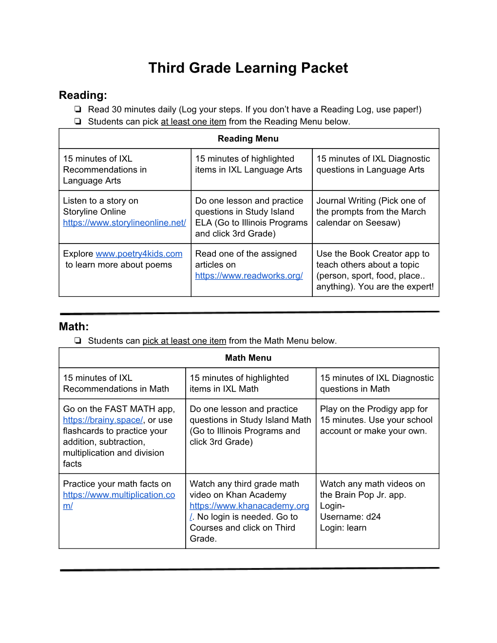 Third Grade Learning Packet