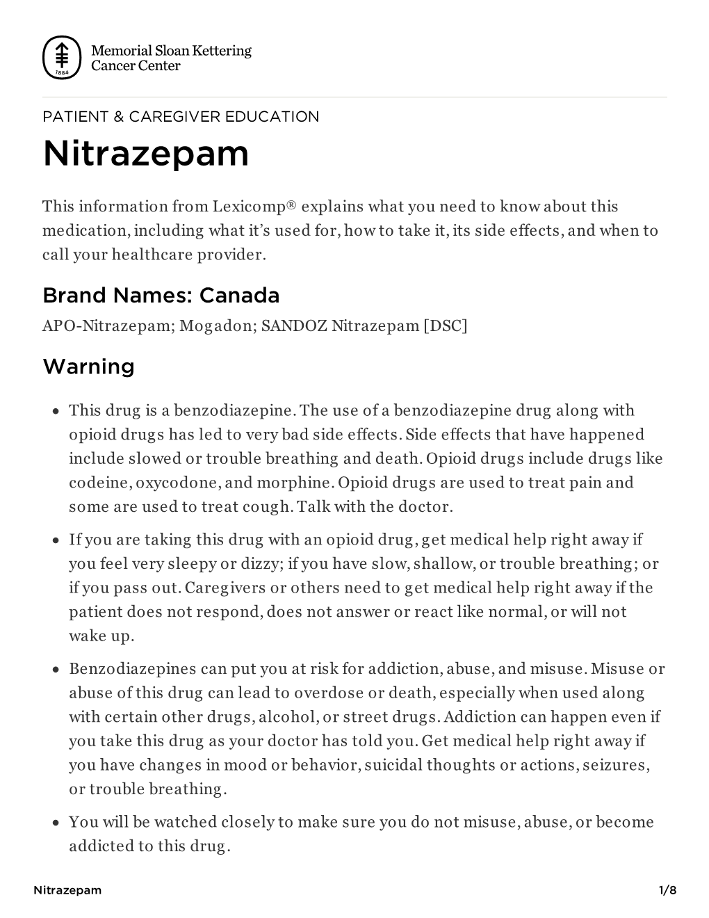 Nitrazepam | Memorial Sloan Kettering Cancer Center